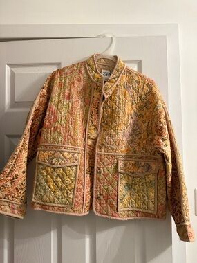 Zara Quilted Floral Bomber Jacket in Peach, Yellow & Cream